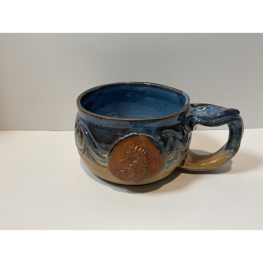 Handmade Ceramic Mug Seahorse Wave Design Blue Brown Pottery 2000 Stokes